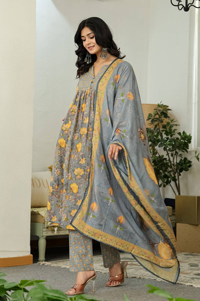 Grey Floral Printed Cotton Straight Cut Suit Set