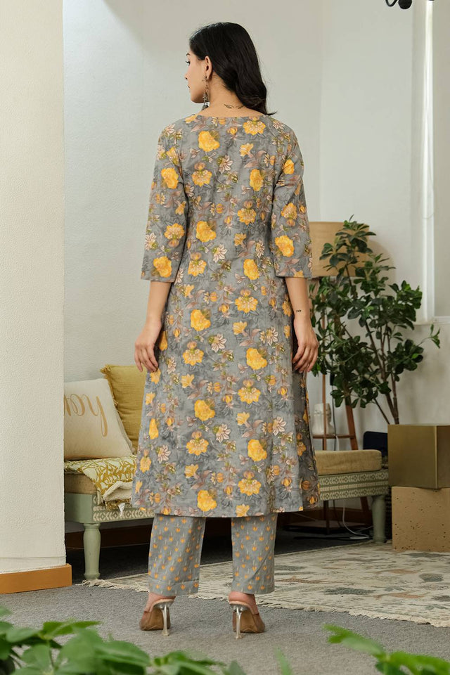 Grey Floral Printed Cotton Straight Cut Suit Set