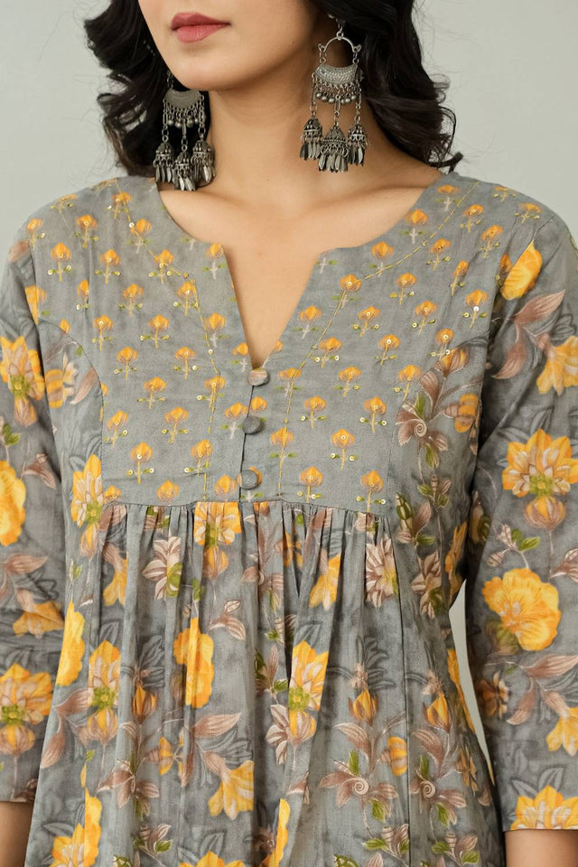 Grey Floral Printed Cotton Straight Cut Suit Set