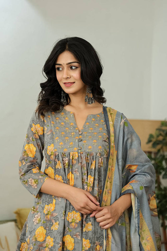 Grey Floral Printed Cotton Straight Cut Suit Set