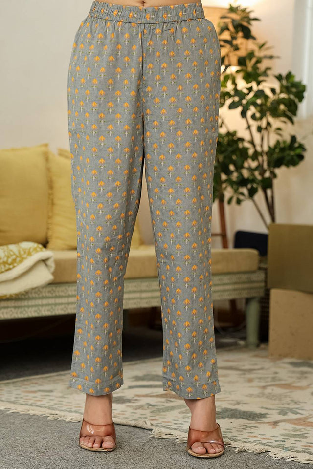 Grey Floral Printed Cotton Straight Cut Suit Set