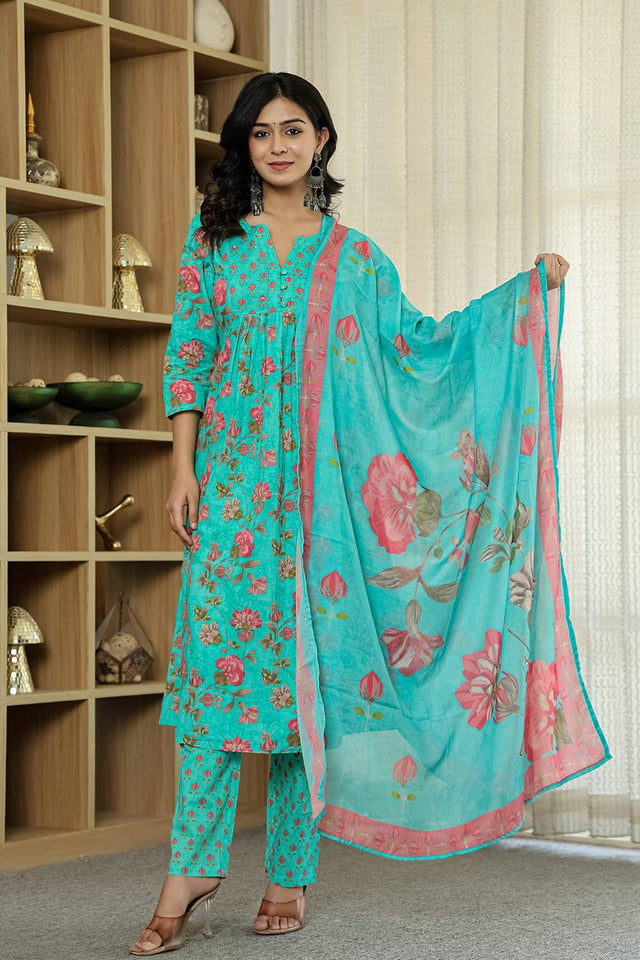 Sea Green Floral Printed Cotton Straight Cut Suit Set