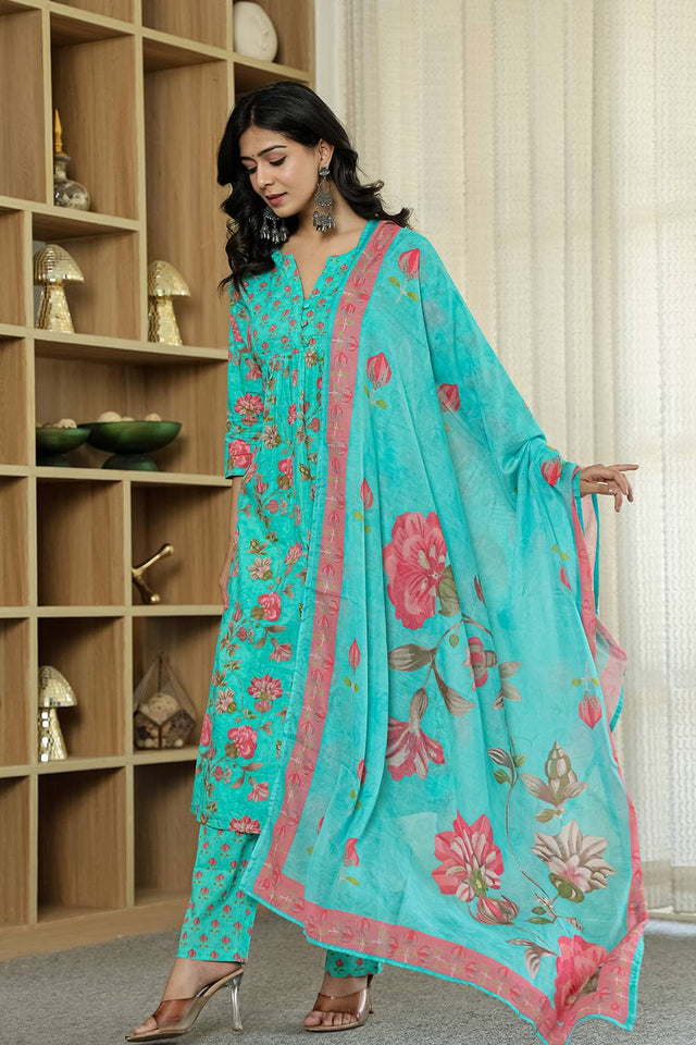 Sea Green Floral Printed Cotton Straight Cut Suit Set