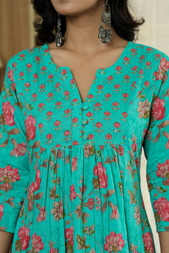Sea Green Floral Printed Cotton Straight Cut Suit Set