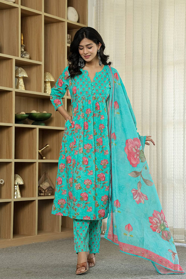Sea Green Floral Printed Cotton Straight Cut Suit Set