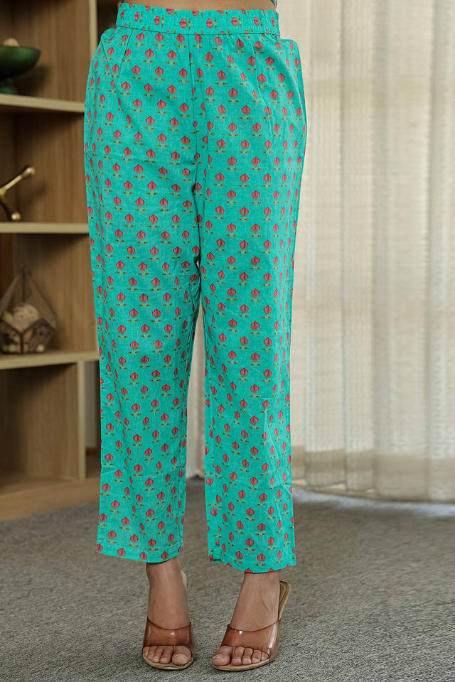 Sea Green Floral Printed Cotton Straight Cut Suit Set