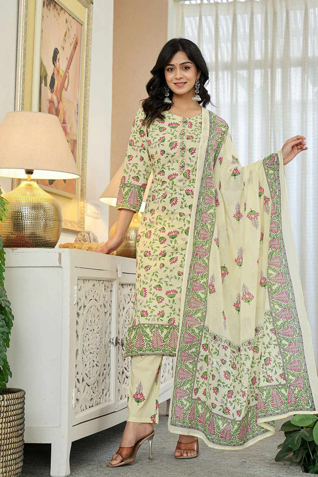 Yellow Floral Print Cotton Kurti Pant Set