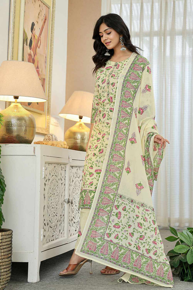 Yellow Floral Print Cotton Kurti Pant Set