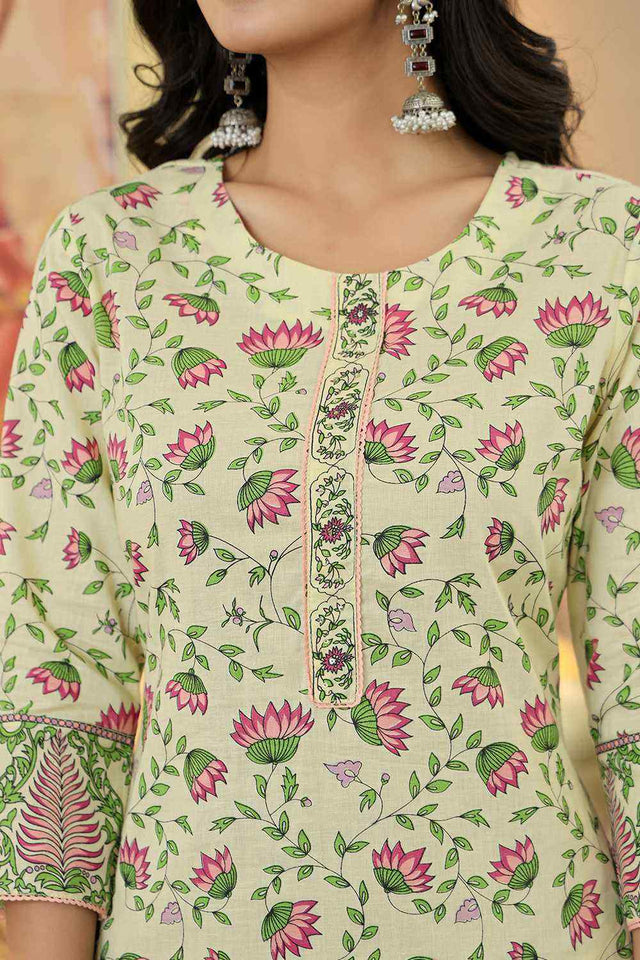 Yellow Floral Print Cotton Kurti Pant Set