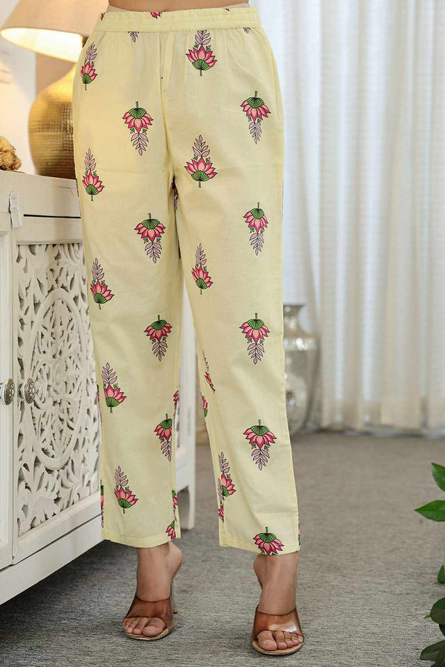 Yellow Floral Print Cotton Kurti Pant Set