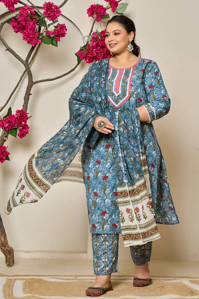 Grey Floral Printed Cotton Straight Cut Suit Set
