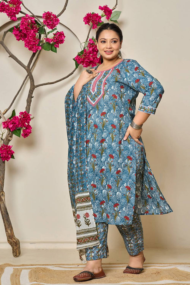 Grey Floral Printed Cotton Straight Cut Suit Set