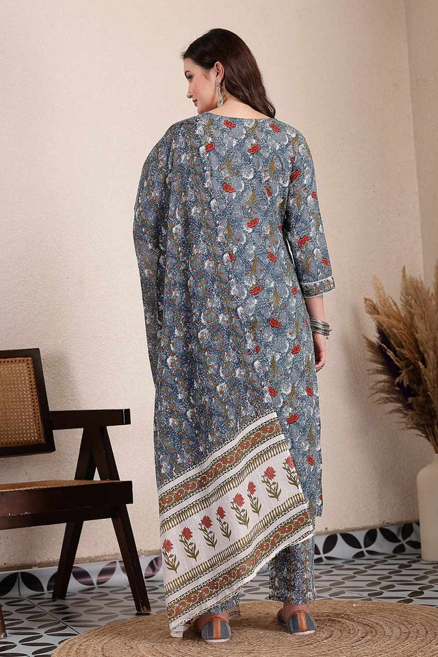 Grey Floral Print Cotton Kurti Pant Set