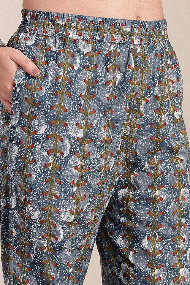 Grey Floral Print Cotton Kurti Pant Set