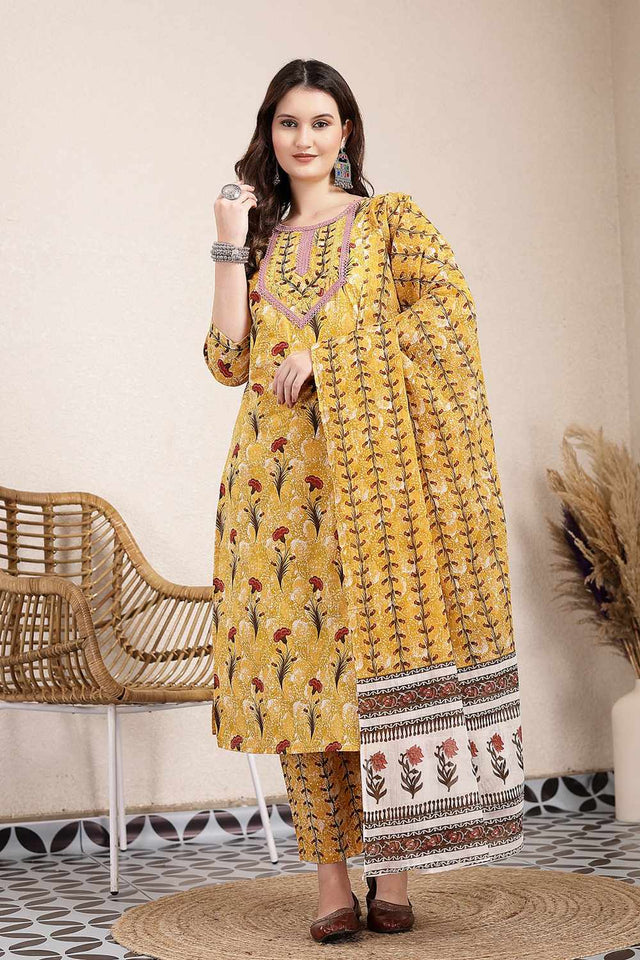 Mustard Floral Print Cotton Kurti Pant Set