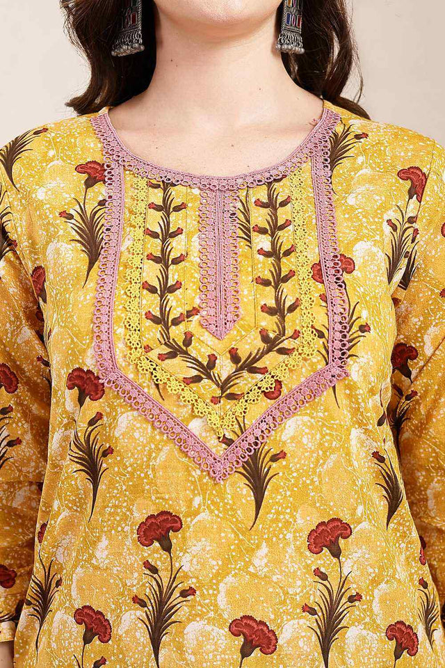 Mustard Floral Print Cotton Kurti Pant Set