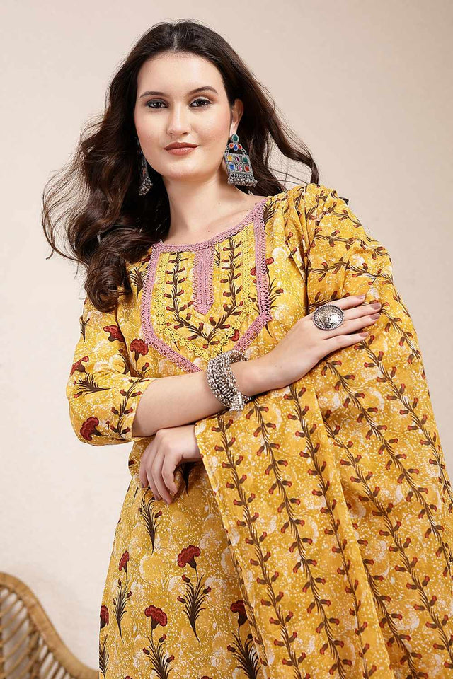 Mustard Floral Print Cotton Kurti Pant Set