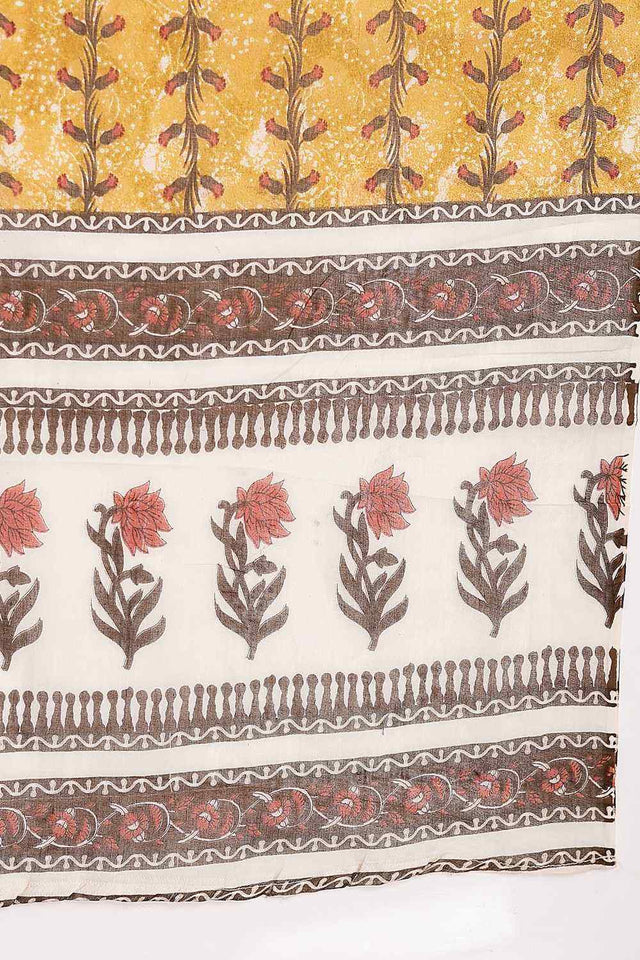 Mustard Floral Print Cotton Kurti Pant Set
