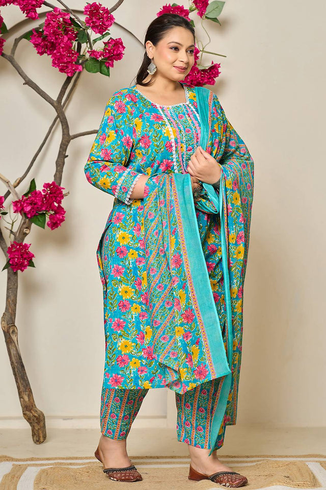 Turquoise Floral Printed Cotton Straight Cut Suit Set