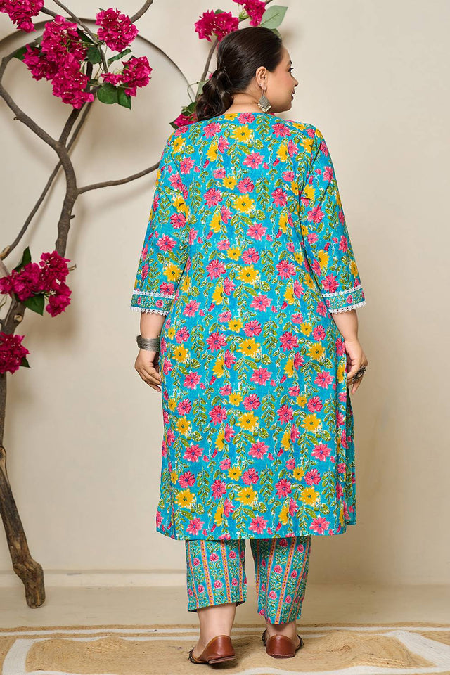 Turquoise Floral Printed Cotton Straight Cut Suit Set