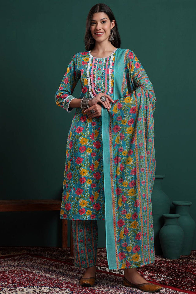 Turquoise Floral Printed Cotton Straight Cut Suit Set