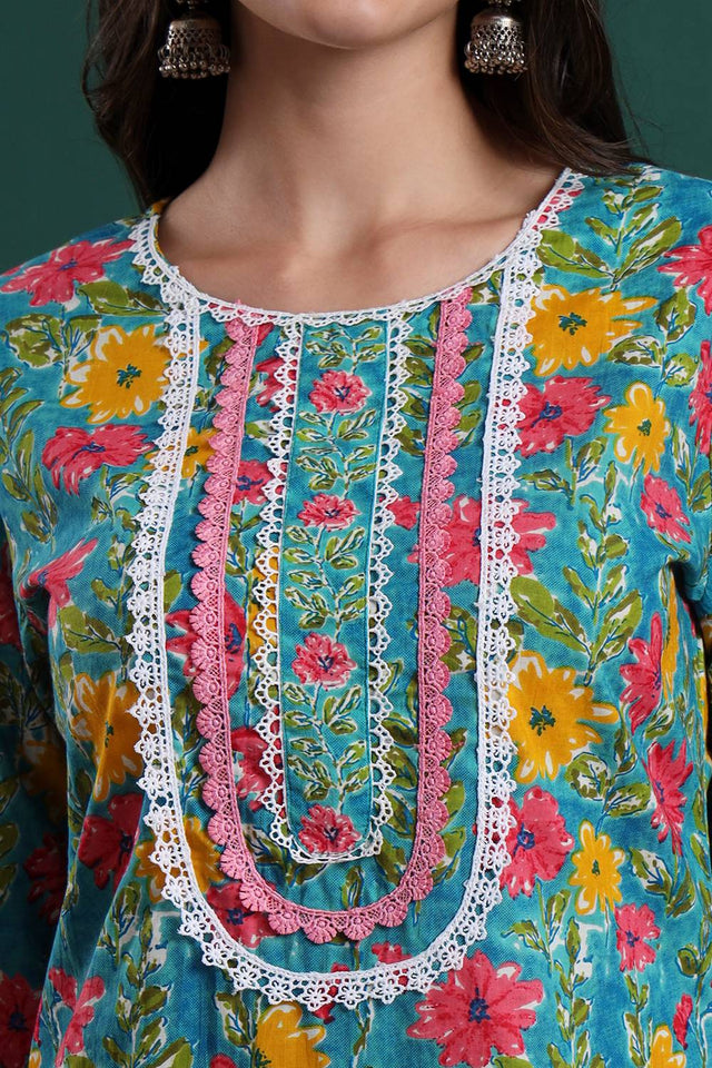 Turquoise Floral Printed Cotton Straight Cut Suit Set