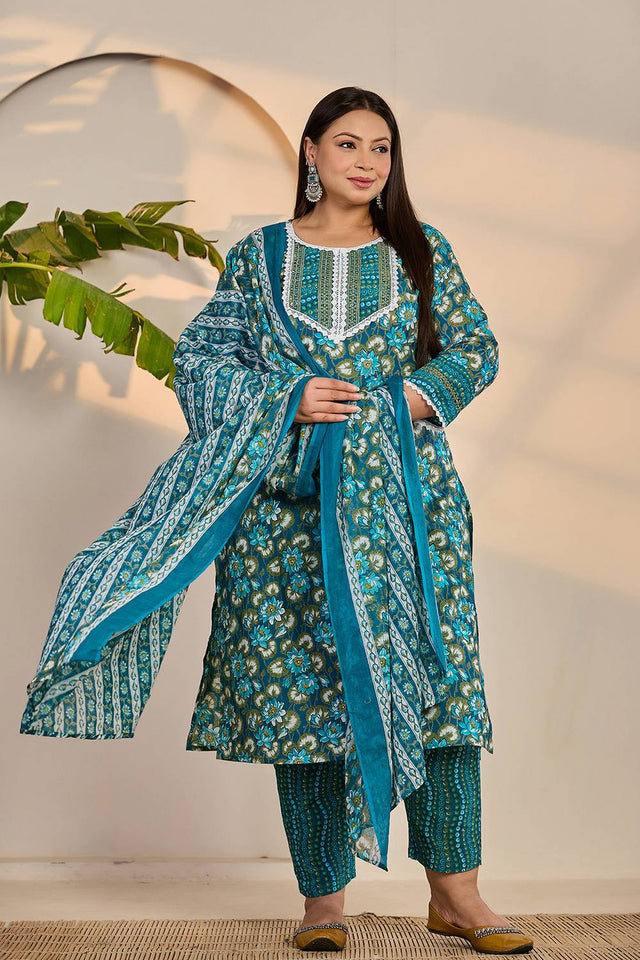 Turquoise Floral Printed Cotton Straight Cut Suit Set