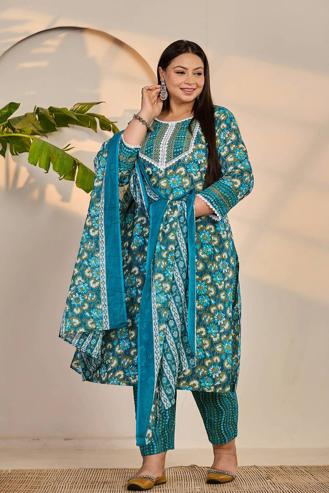 Turquoise Floral Printed Cotton Straight Cut Suit Set