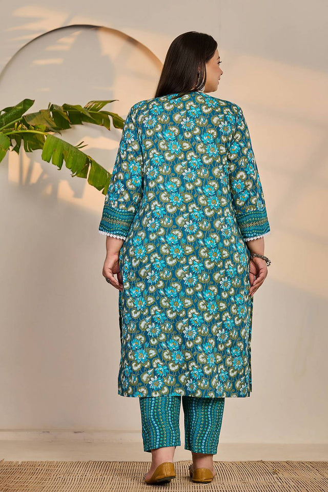 Turquoise Floral Printed Cotton Straight Cut Suit Set