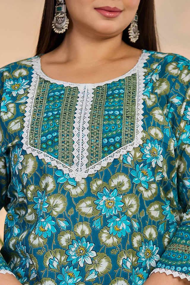 Turquoise Floral Printed Cotton Straight Cut Suit Set