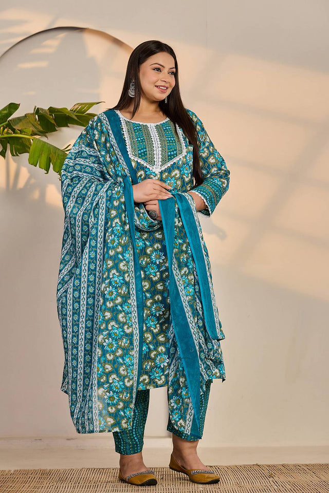 Turquoise Floral Printed Cotton Straight Cut Suit Set