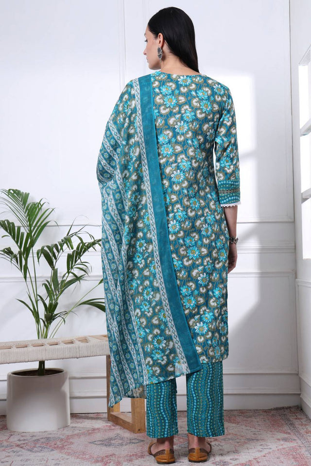 Turquoise Floral Printed Cotton Straight Cut Suit Set