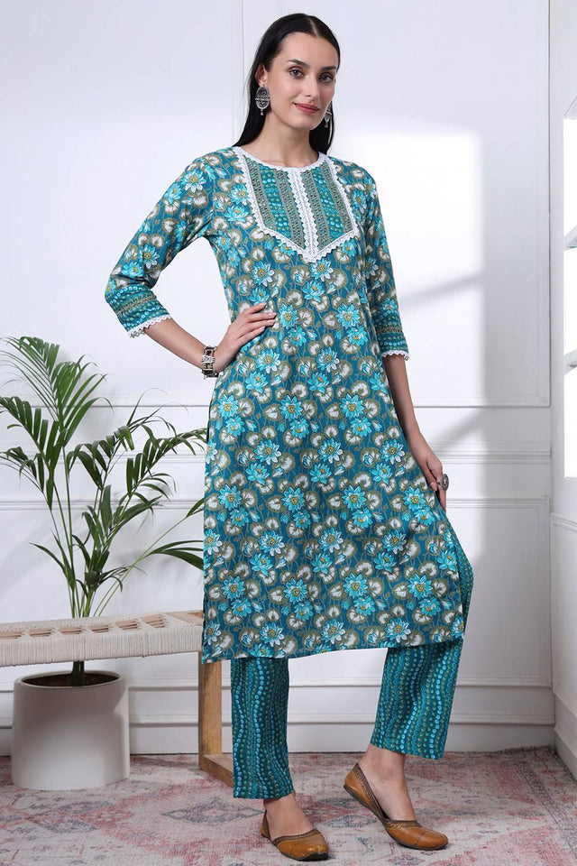 Turquoise Floral Printed Cotton Straight Cut Suit Set