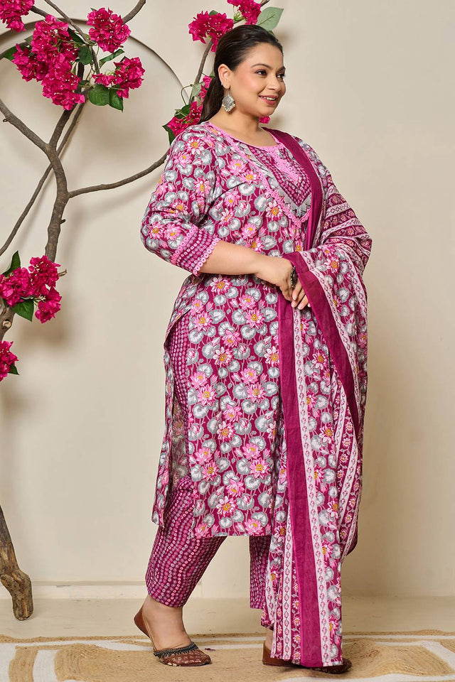 Maroon Floral Printed Cotton Straight Cut Suit Set