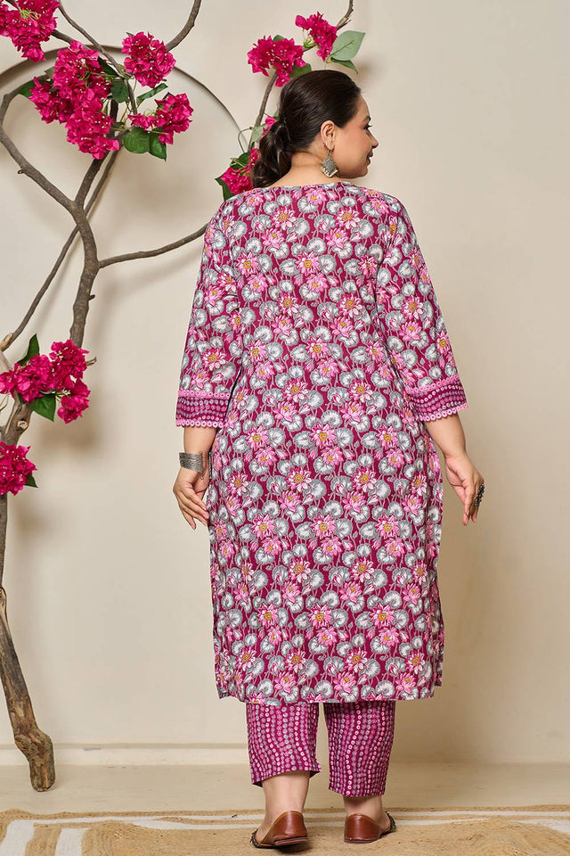 Maroon Floral Printed Cotton Straight Cut Suit Set