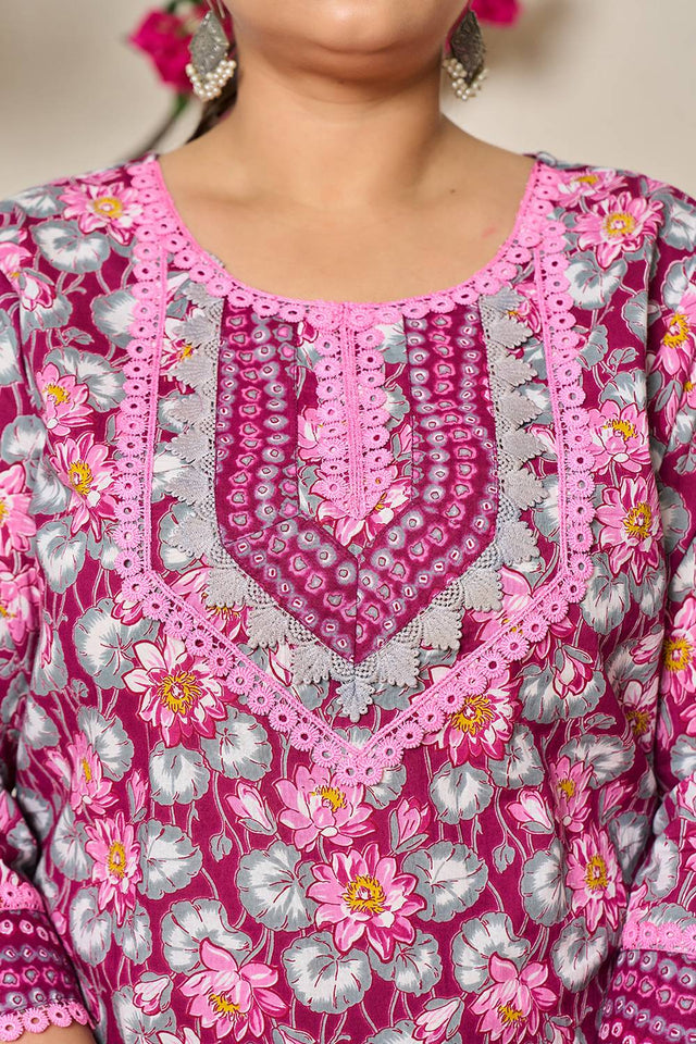 Maroon Floral Printed Cotton Straight Cut Suit Set