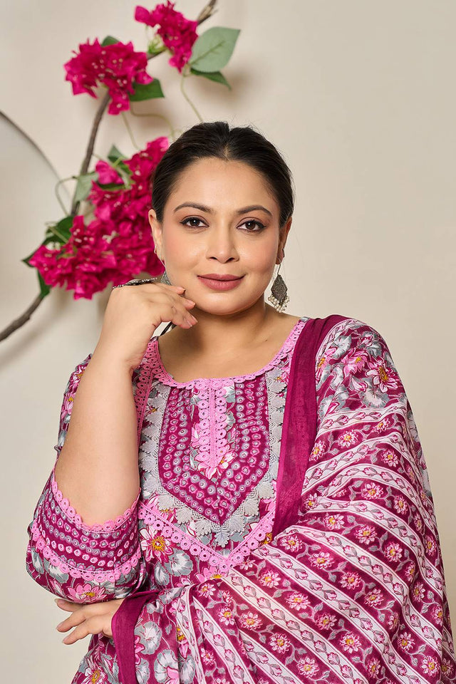 Maroon Floral Printed Cotton Straight Cut Suit Set