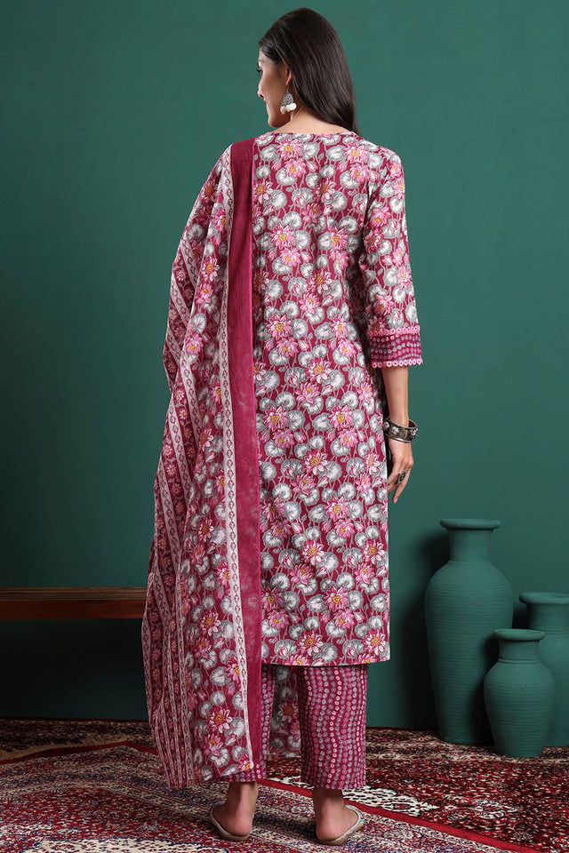 Maroon Floral Printed Cotton Straight Cut Suit Set