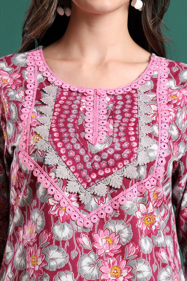 Maroon Floral Printed Cotton Straight Cut Suit Set