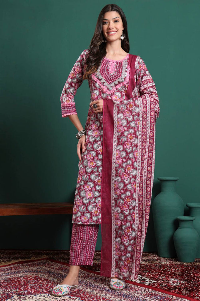 Maroon Floral Printed Cotton Straight Cut Suit Set