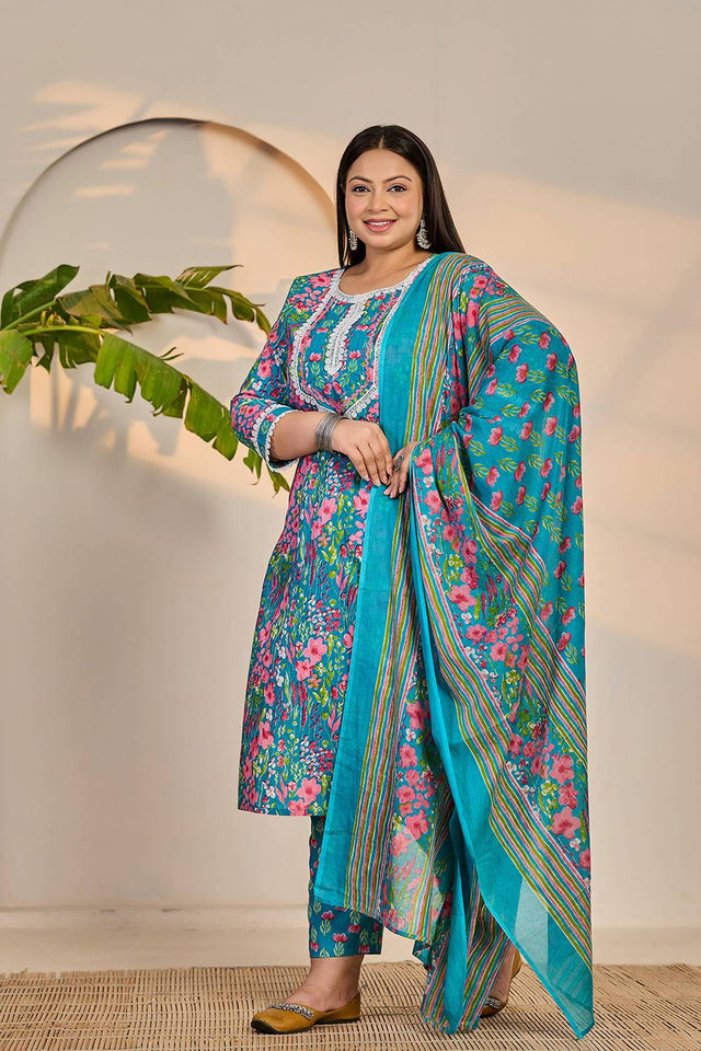 Turquoise Floral Printed Cotton Straight Cut Suit Set