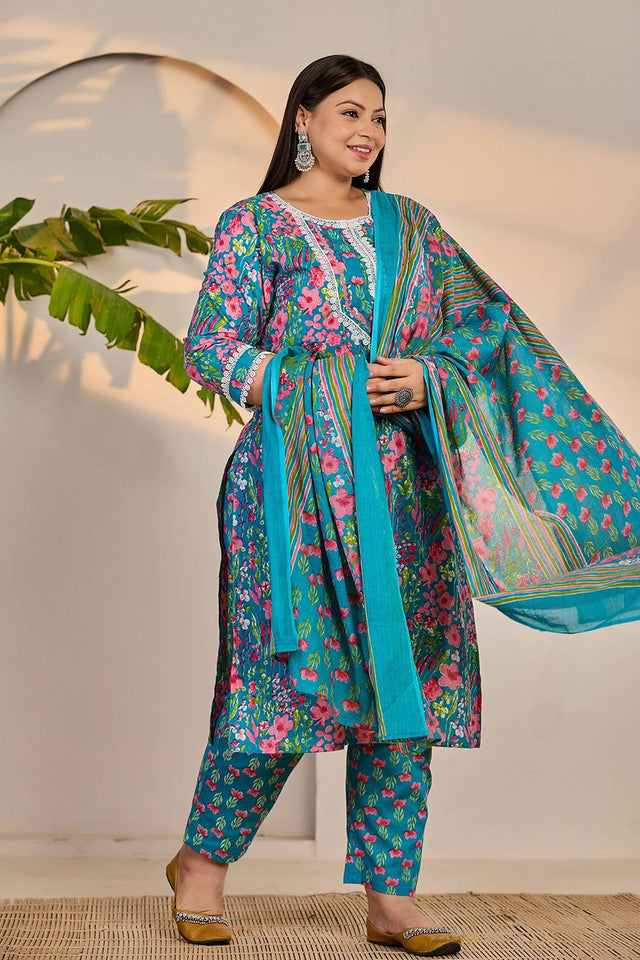 Turquoise Floral Printed Cotton Straight Cut Suit Set