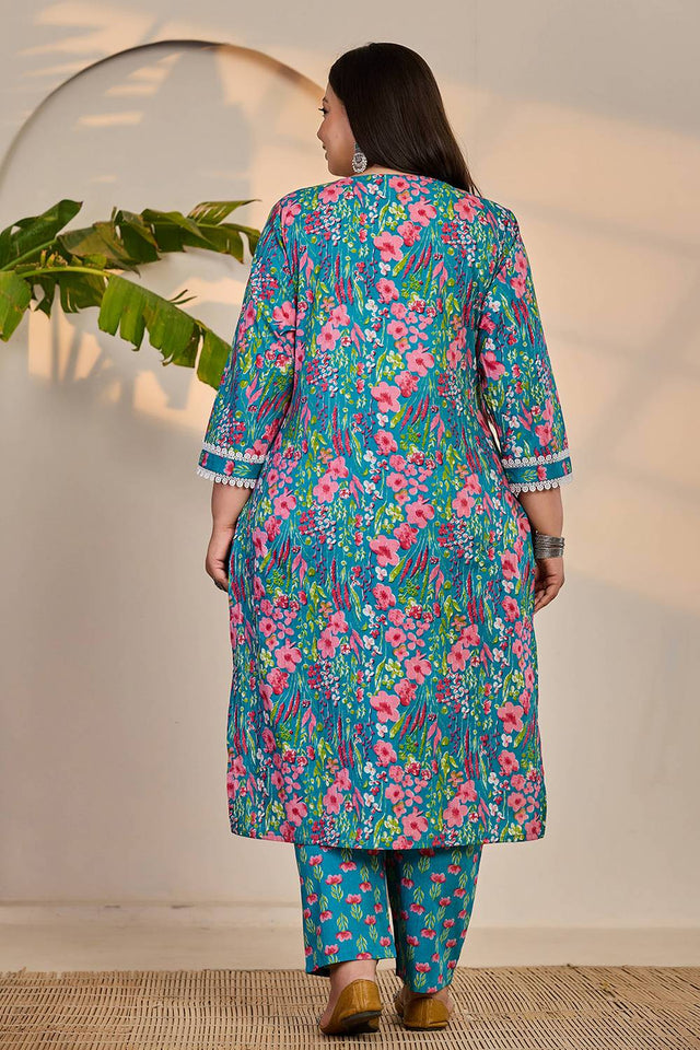 Turquoise Floral Printed Cotton Straight Cut Suit Set