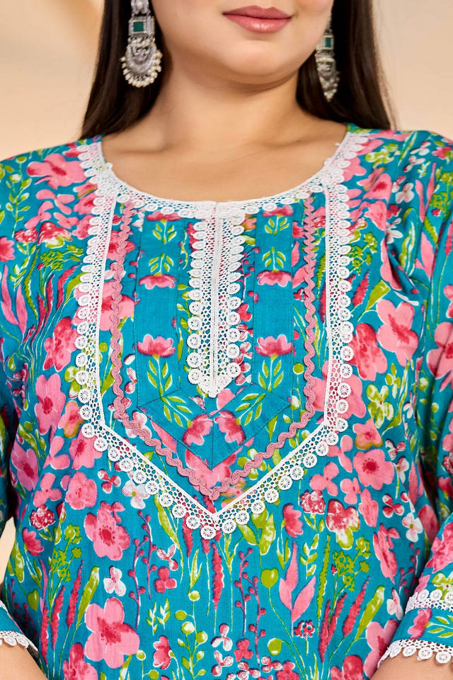 Turquoise Floral Printed Cotton Straight Cut Suit Set