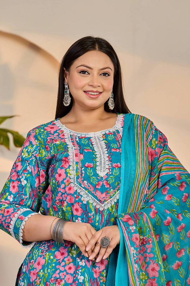 Turquoise Floral Printed Cotton Straight Cut Suit Set