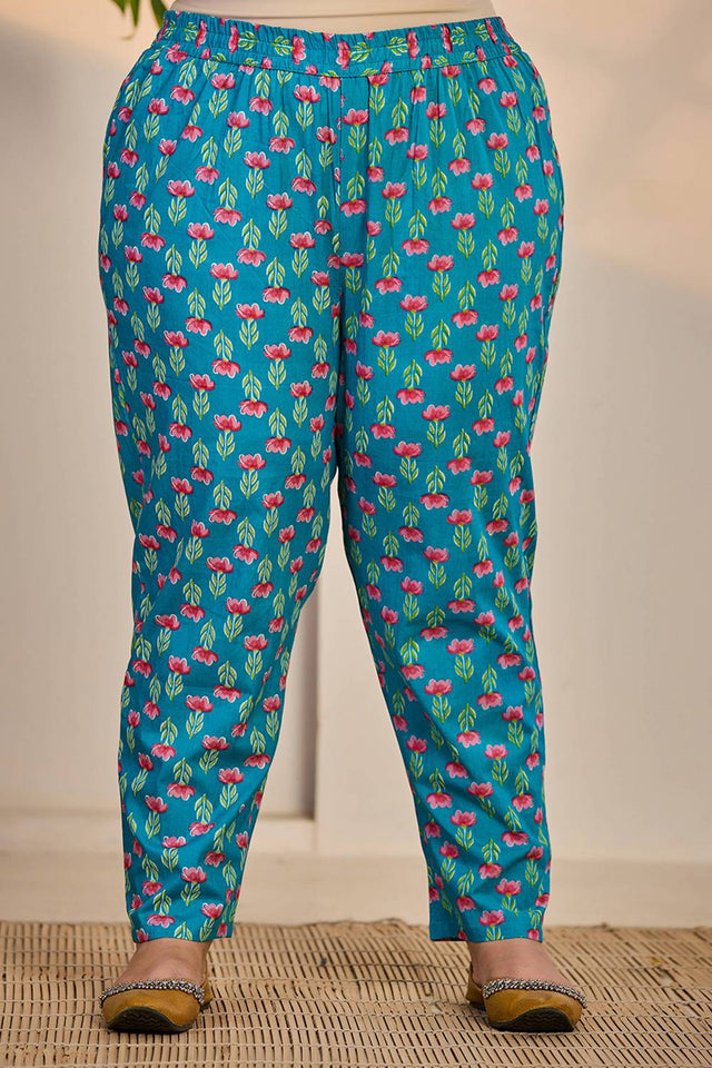 Turquoise Floral Printed Cotton Straight Cut Suit Set