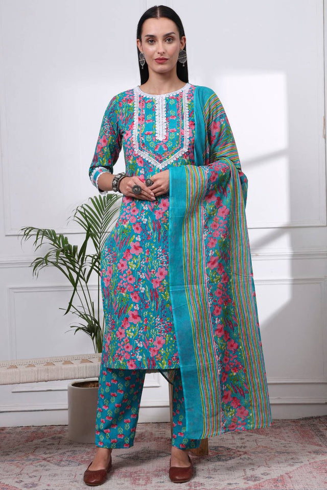 Turquoise Floral Printed Cotton Straight Cut Suit Set