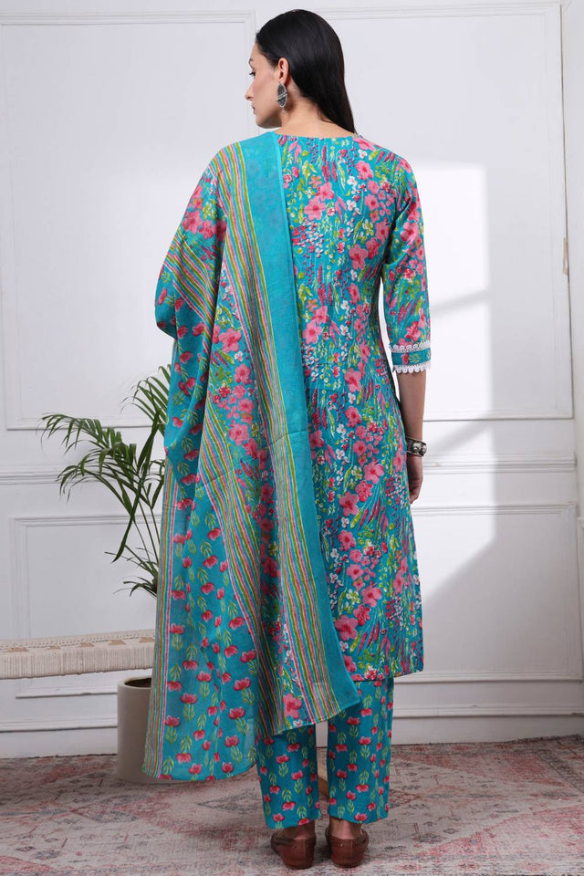 Turquoise Floral Printed Cotton Straight Cut Suit Set