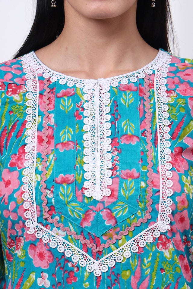 Turquoise Floral Printed Cotton Straight Cut Suit Set