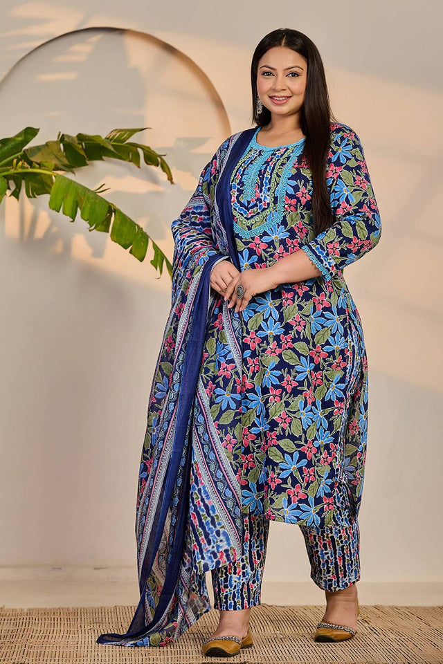 Blue Floral Printed Cotton Straight Cut Suit Set